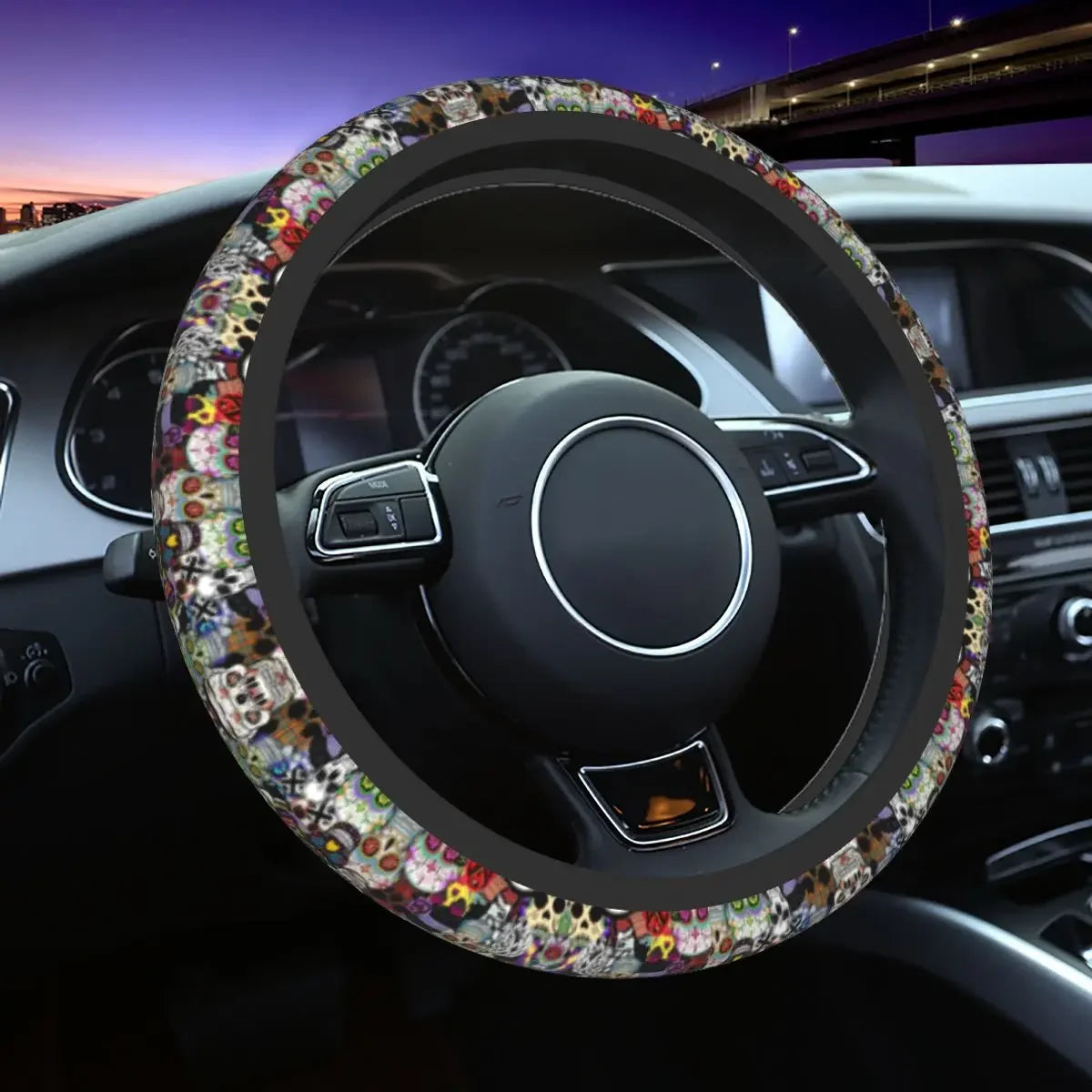 Day of the Dead Pattern Steering Wheel Cover – Sugar Skull Santa Muerte Car Protector