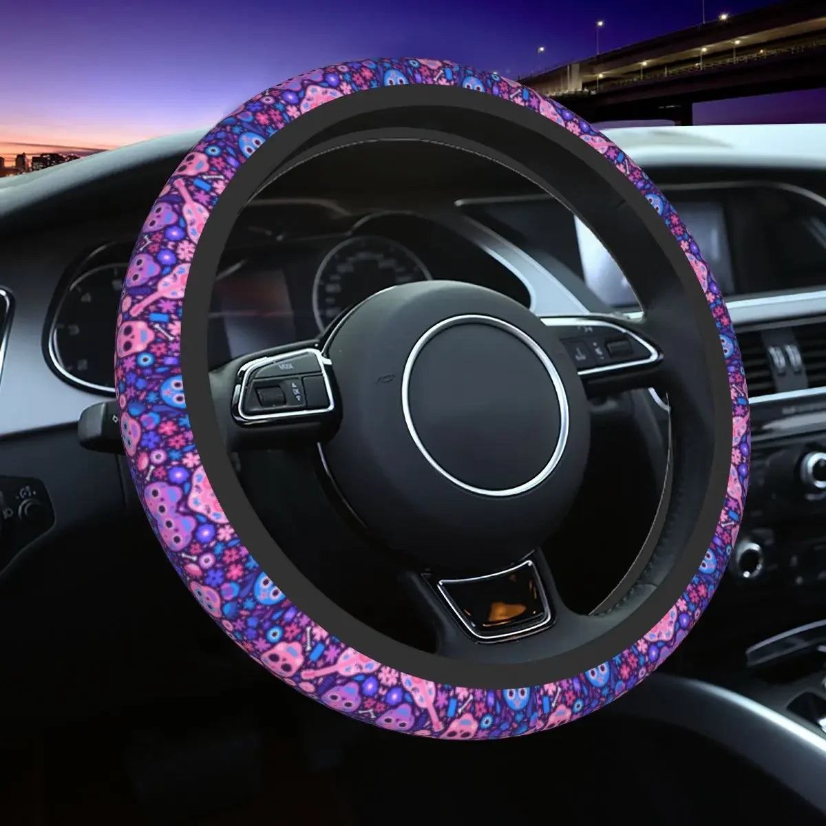 Day of the Dead Pattern Steering Wheel Cover – Sugar Skull Santa Muerte Car Protector