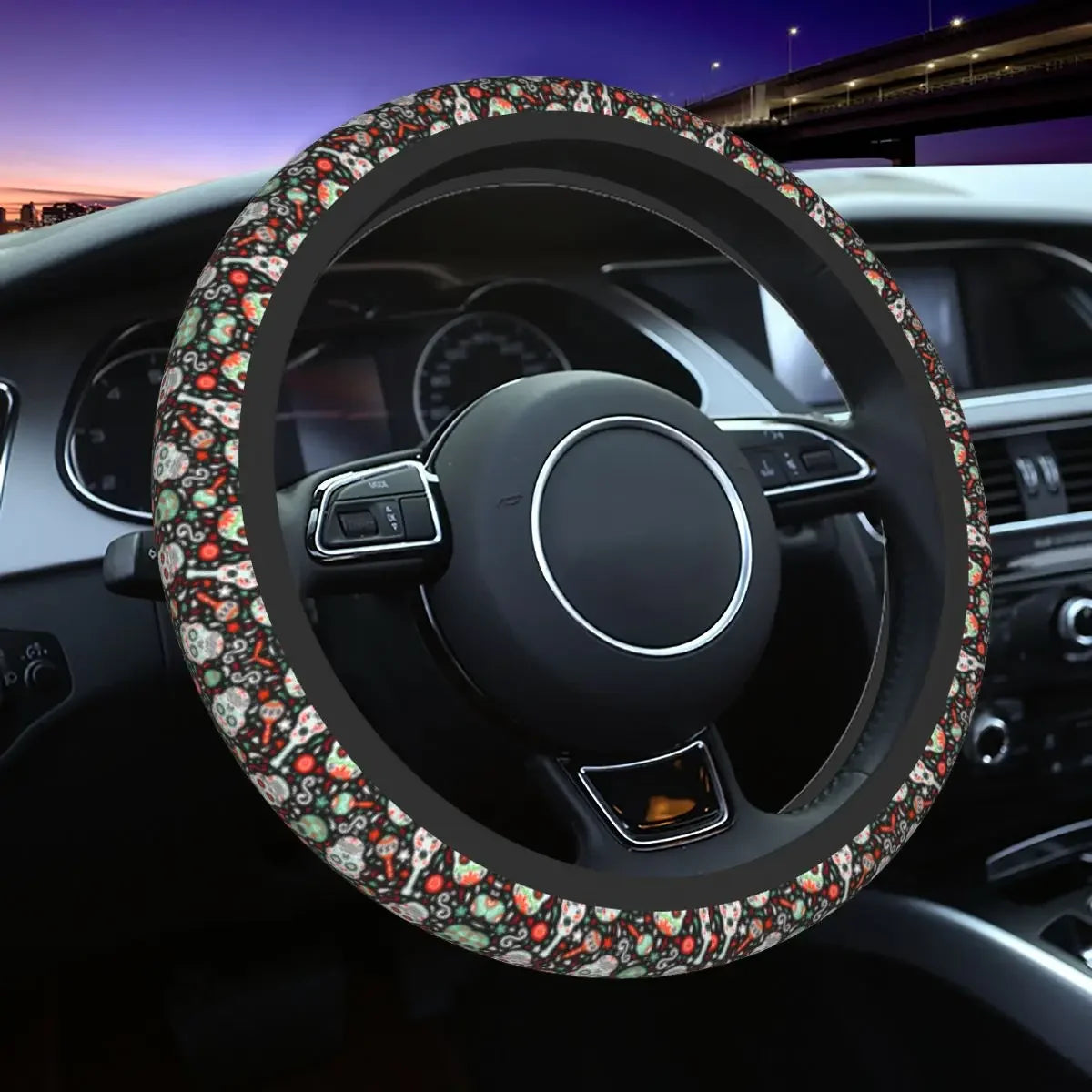 Day of the Dead Pattern Steering Wheel Cover – Sugar Skull Santa Muerte Car Protector