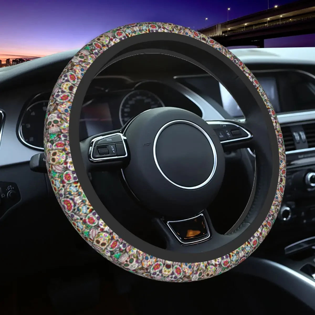 Day of the Dead Pattern Steering Wheel Cover – Sugar Skull Santa Muerte Car Protector