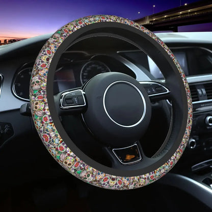 Day of the Dead Pattern Steering Wheel Cover – Sugar Skull Santa Muerte Car Protector