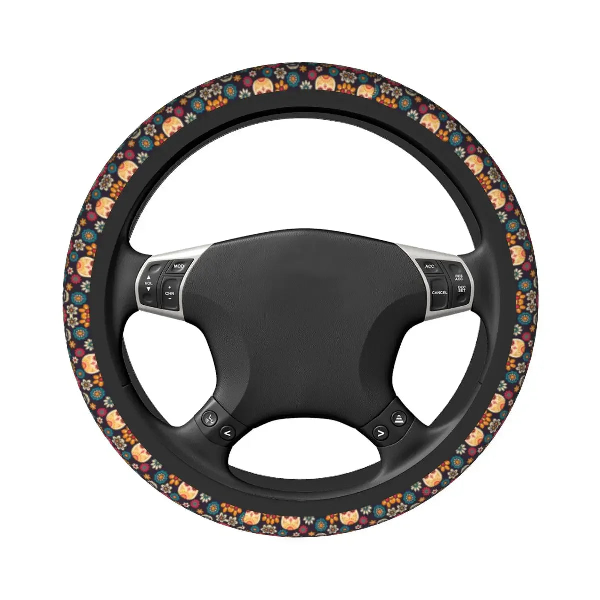 Day of the Dead Pattern Steering Wheel Cover – Sugar Skull Santa Muerte Car Protector