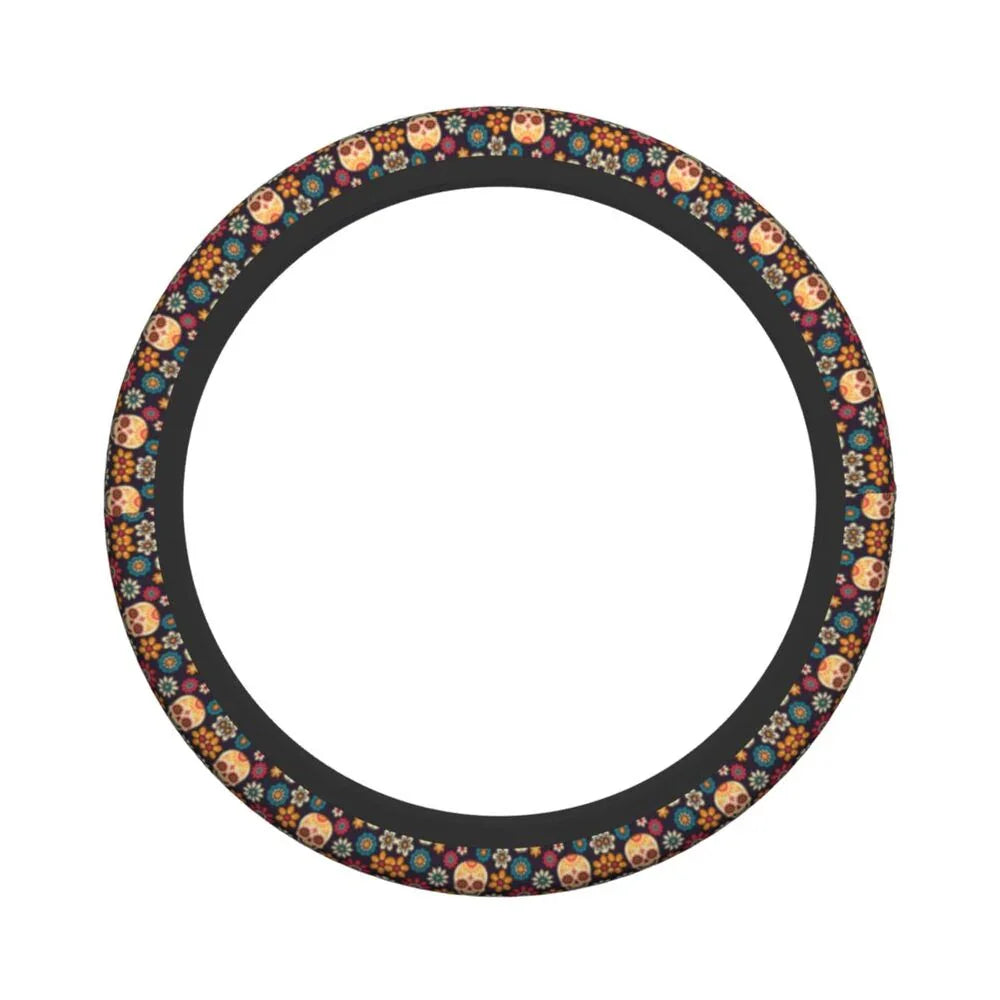 Day of the Dead Pattern Steering Wheel Cover – Sugar Skull Santa Muerte Car Protector