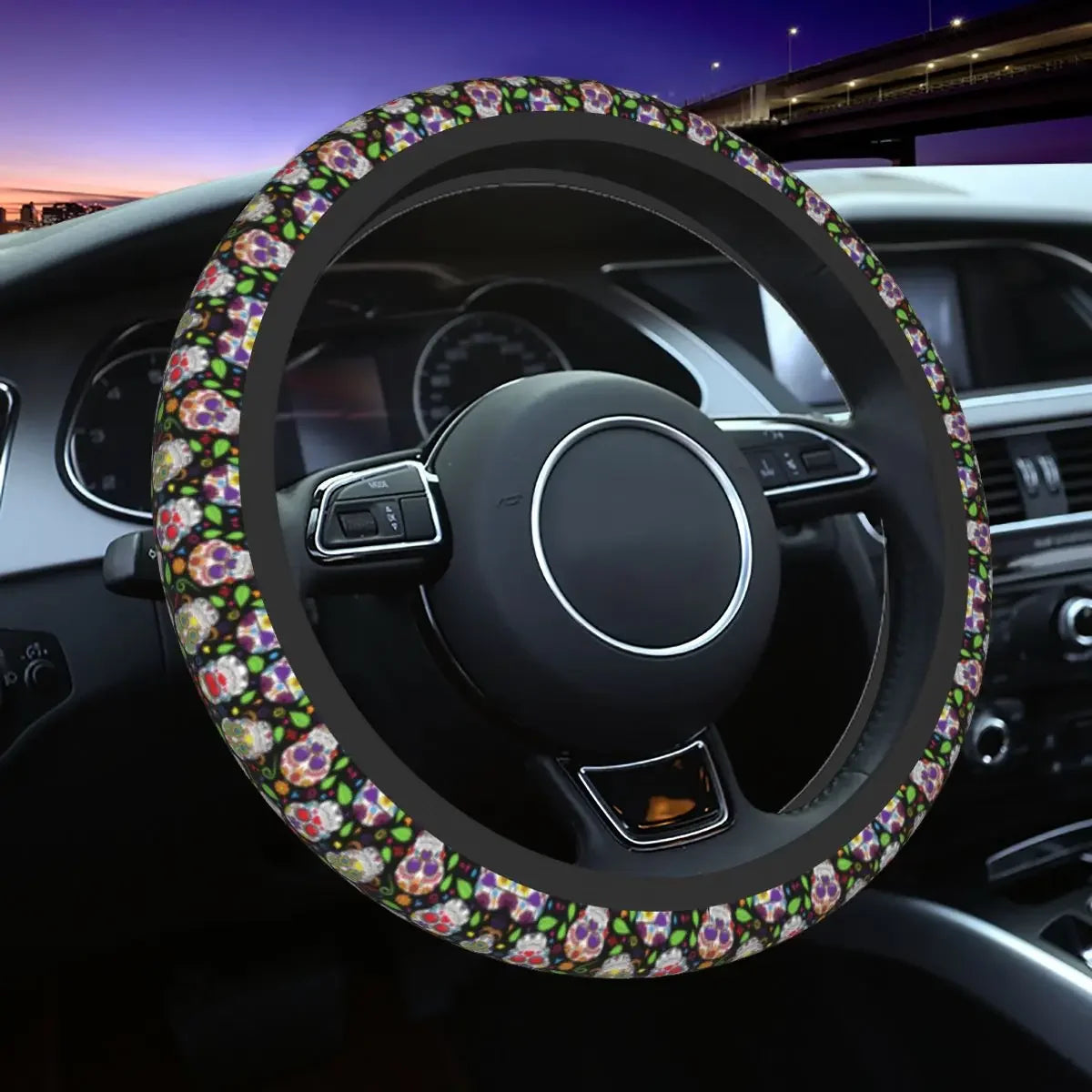 Day of the Dead Pattern Steering Wheel Cover – Sugar Skull Santa Muerte Car Protector