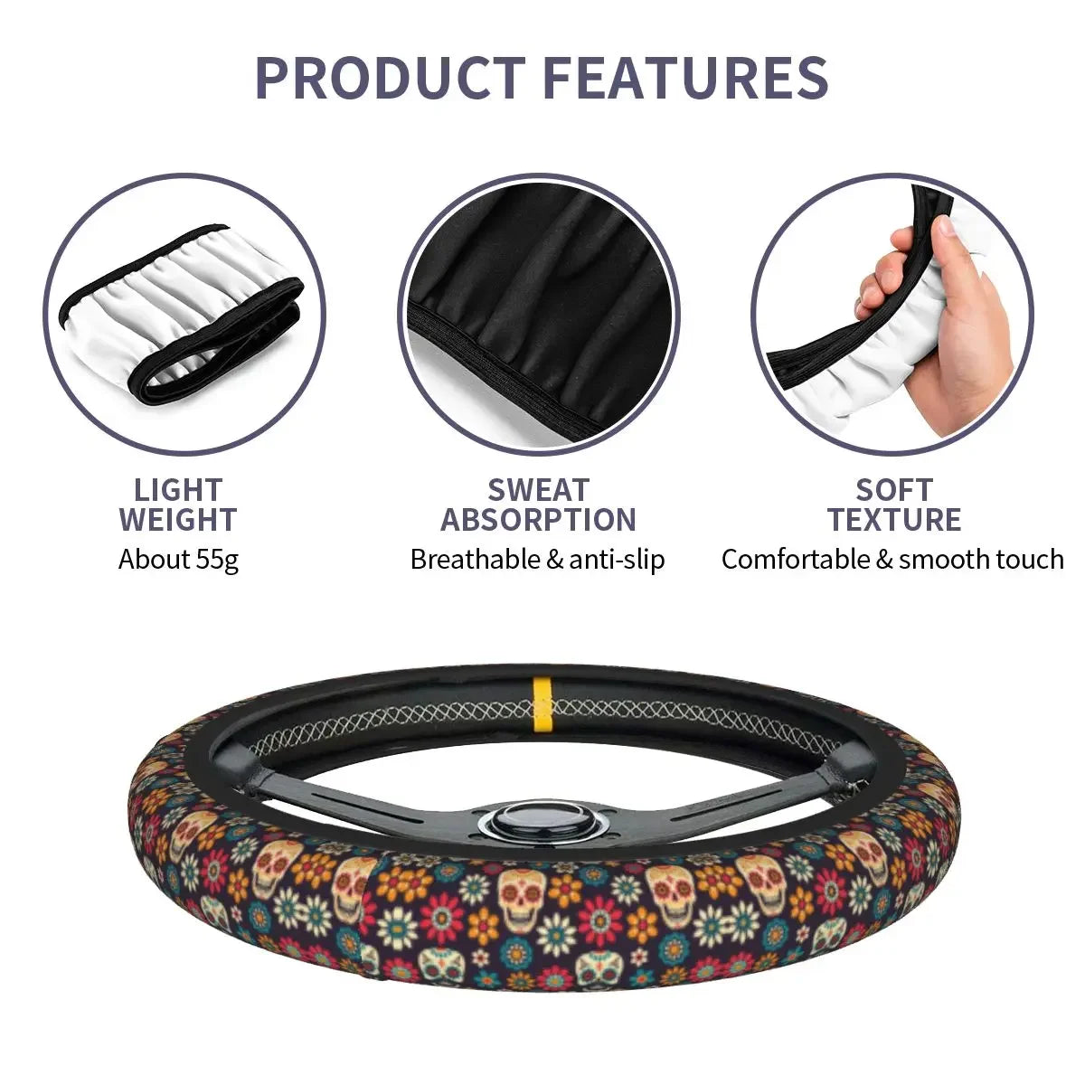 Day of the Dead Pattern Steering Wheel Cover – Sugar Skull Santa Muerte Car Protector