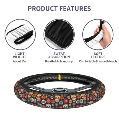 Day of the Dead Pattern Steering Wheel Cover – Sugar Skull Santa Muerte Car Protector