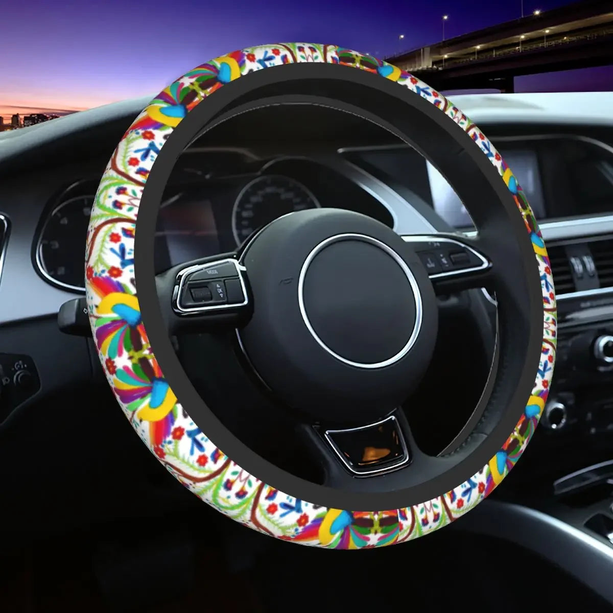 Day of the Dead Pattern Steering Wheel Cover – Sugar Skull Santa Muerte Car Protector