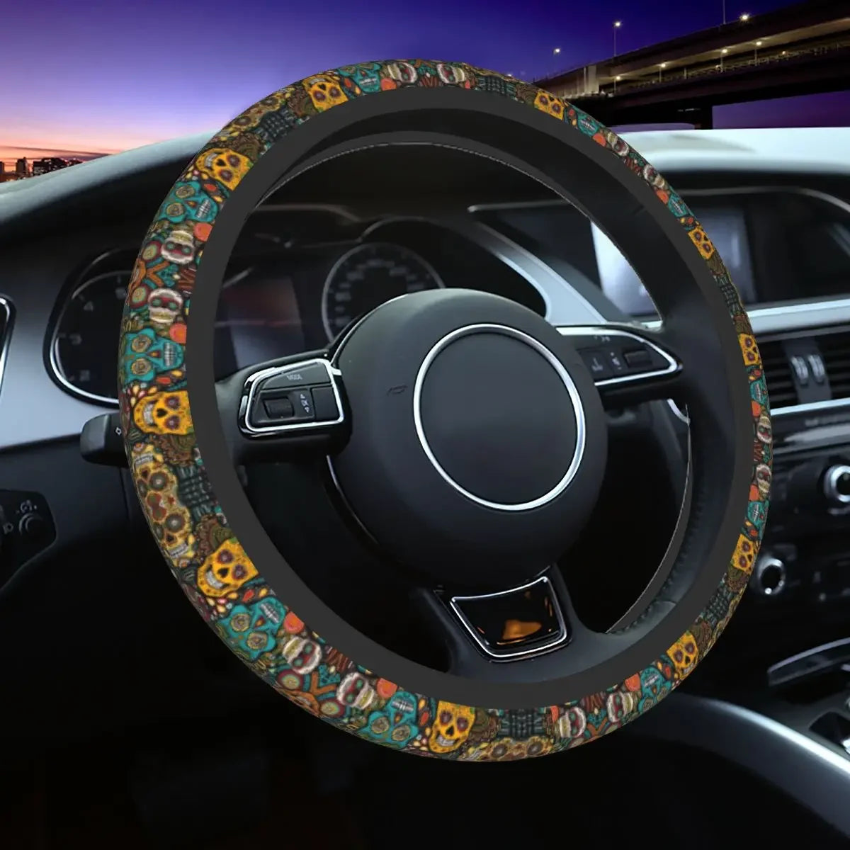 Day of the Dead Pattern Steering Wheel Cover – Sugar Skull Santa Muerte Car Protector