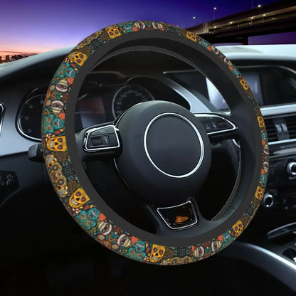 Day of the Dead Pattern Steering Wheel Cover – Sugar Skull Santa Muerte Car Protector
